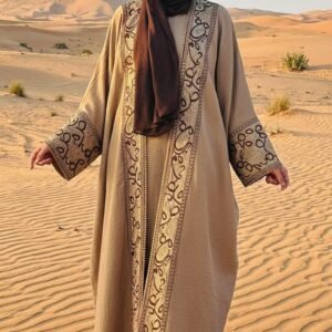 Desert Elegance Abaya — Beige with Brown Embroidery