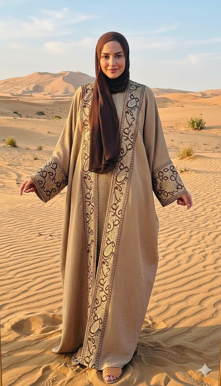 Desert Elegance Abaya — Beige with Brown Embroidery
