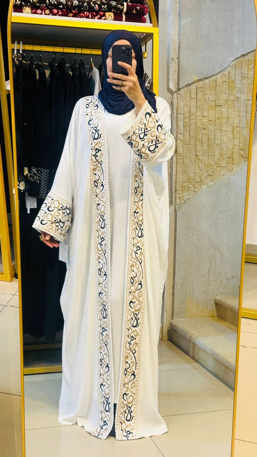 Golden Edge Abaya — White with Black & Gold Embroidery - Image 2