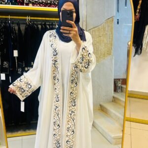 Golden Edge Abaya — White with Black & Gold Embroidery