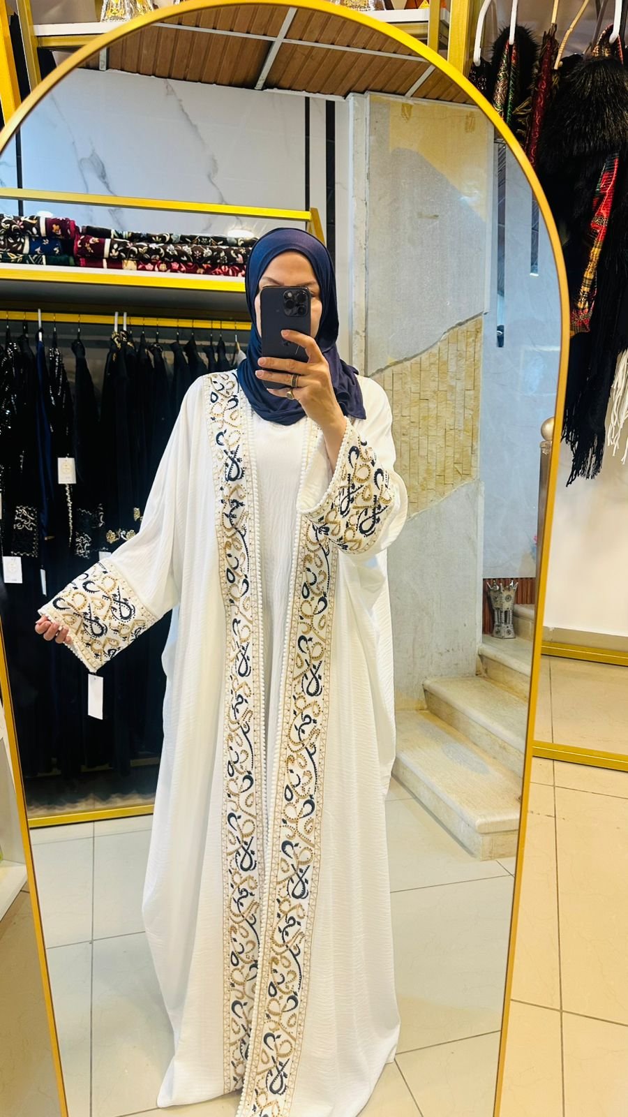 Golden Edge Abaya — White with Black & Gold Embroidery
