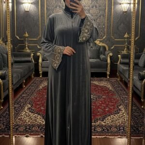 Majestic Velvet Abaya — Black with Gold Embroidery
