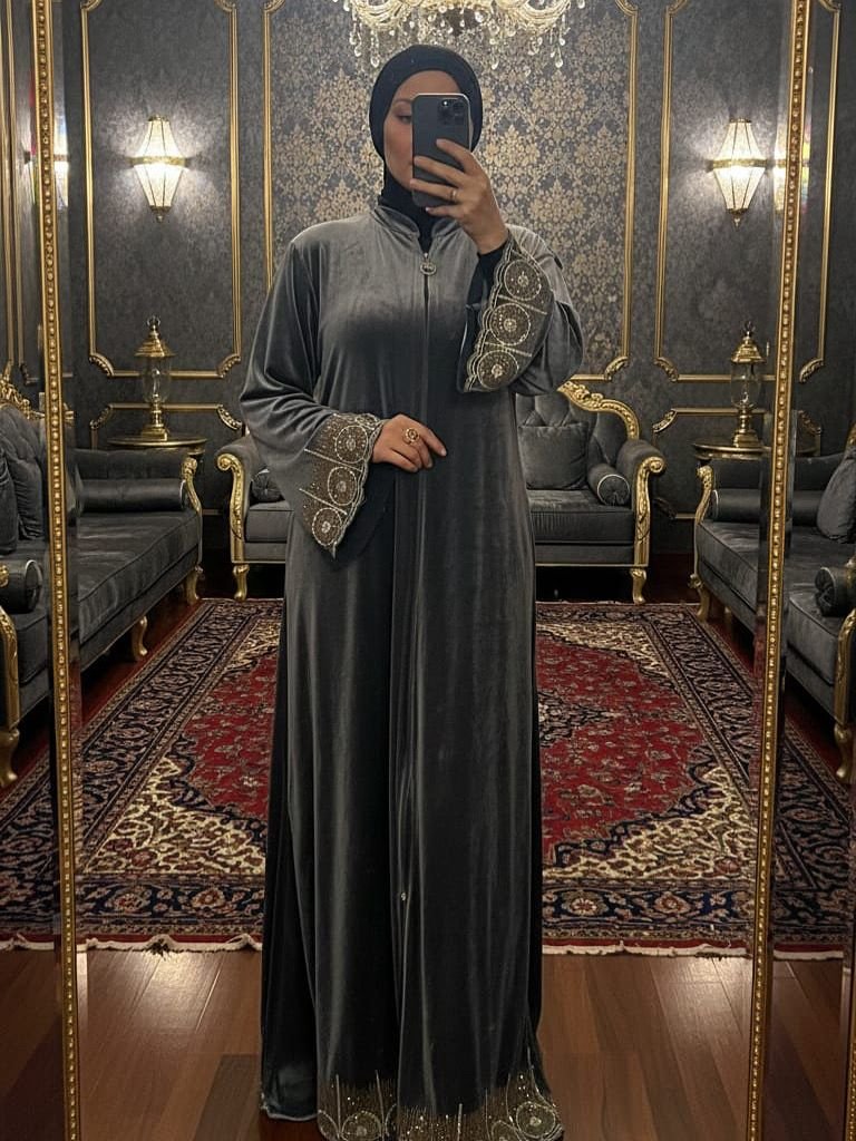 Majestic Velvet Abaya — Black with Gold Embroidery