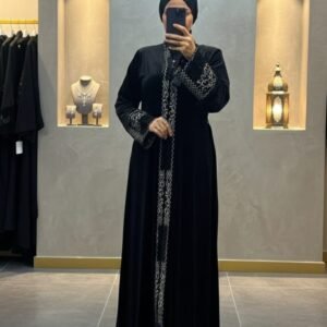 Silver Grace Abaya — Black with Silver Embroidery