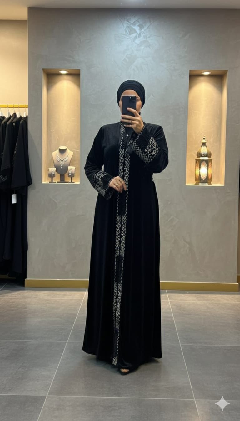 Silver Grace Abaya — Black with Silver Embroidery