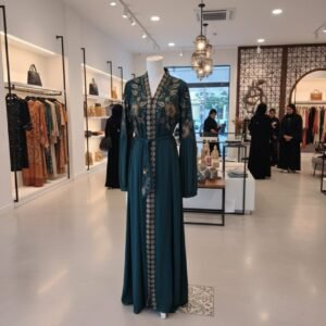 Imperial Bloom Abaya — Teal with Gold Floral Embroidery