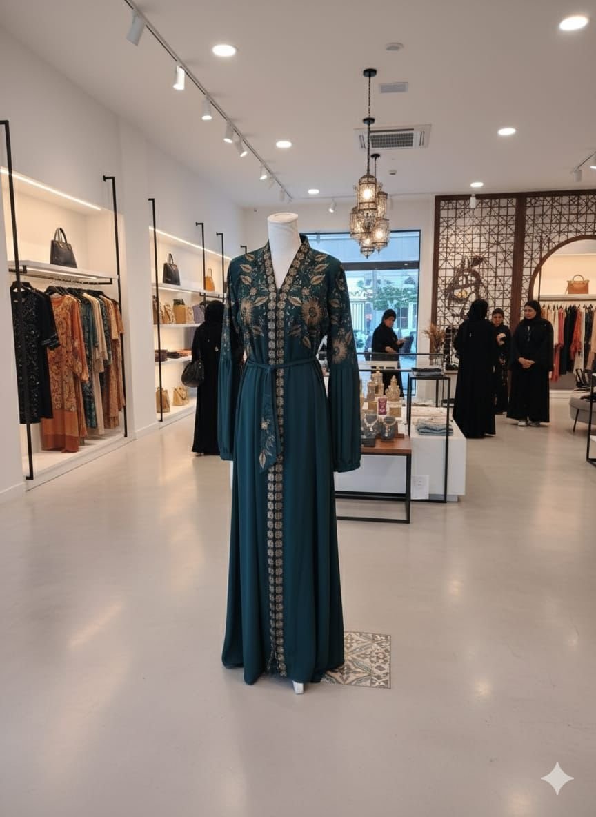 عباية إمبيريال بلوم — تركواز بتطريز زهري ذهبي