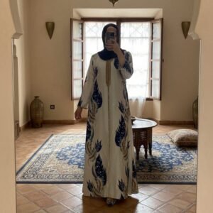 Feather Grace Abaya — White with Blue & Gold Embroidery