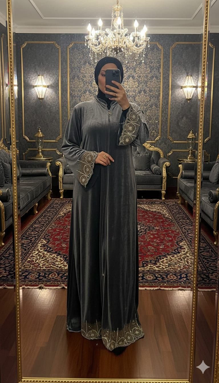 عباية فيلفت بريستيج — رمادي داكن بتطريز فضي