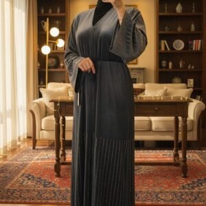 Midnight Stripes Abaya — Black with Shimmer Panels