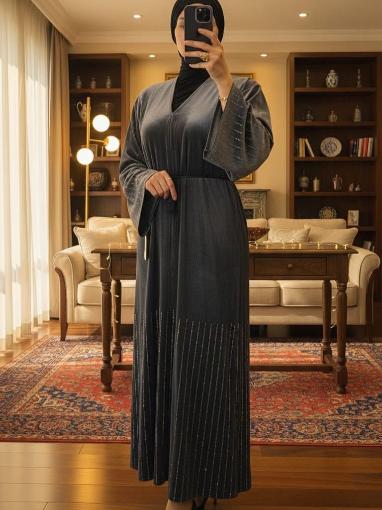 Midnight Stripes Abaya — Black with Shimmer Panels