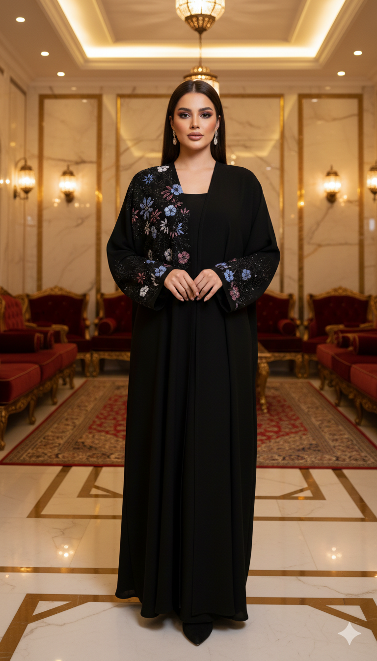 عباءة سوداء بتطريز زهري متعدد الألوان