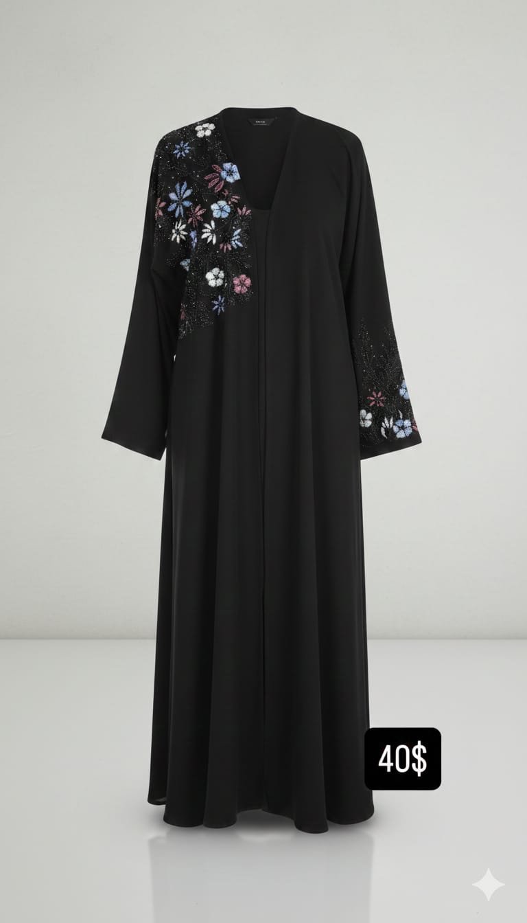 عباءة سوداء بتطريز زهري متعدد الألوان - الصورة 2