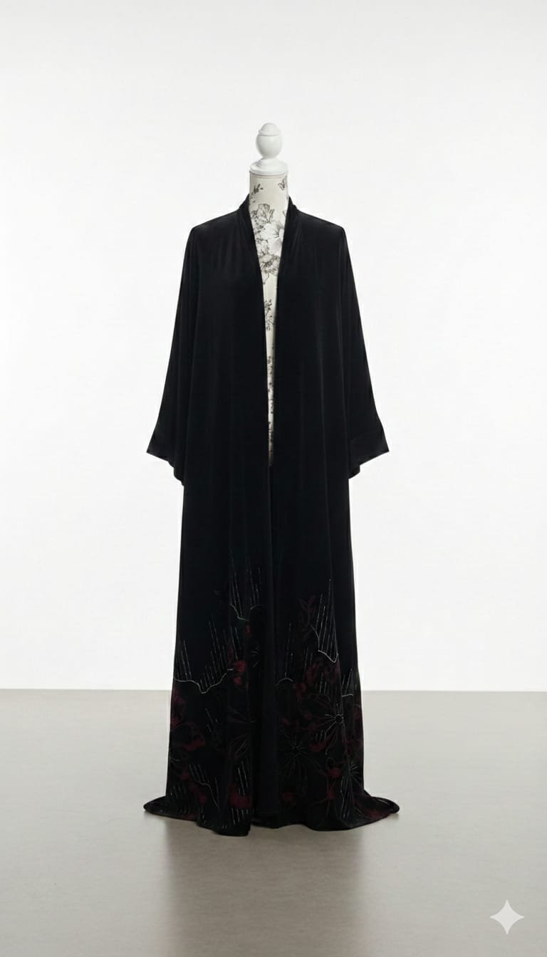 رداء مخملي أسود بتطريز أحمر داكن